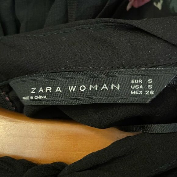 Zara Black Floral Relaxed Pleated Over Dress Romper with Bow Tie Front Detail S - Picture 7 of 7